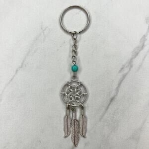 Silver Tone Faux Turquoise Beaded Dreamcatcher Keychain Keyring